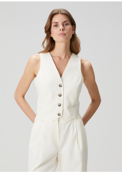 Ekru Toka Detaylı Keten Karışımlı Yelek