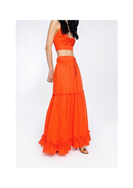 Fırfır Detaylı Bağcık Ucu Işlemeli Beli Lastikli Uzun Turuncu Etek fiyatları