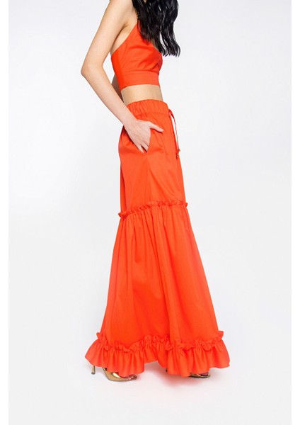 Fırfır Detaylı Bağcık Ucu Işlemeli Beli Lastikli Uzun Turuncu Etek modelleri