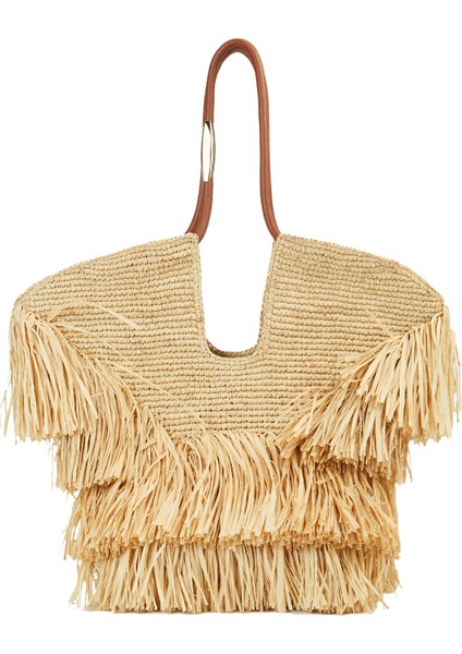 Püskül Detaylı Kadın Rafya Plaj Çantası