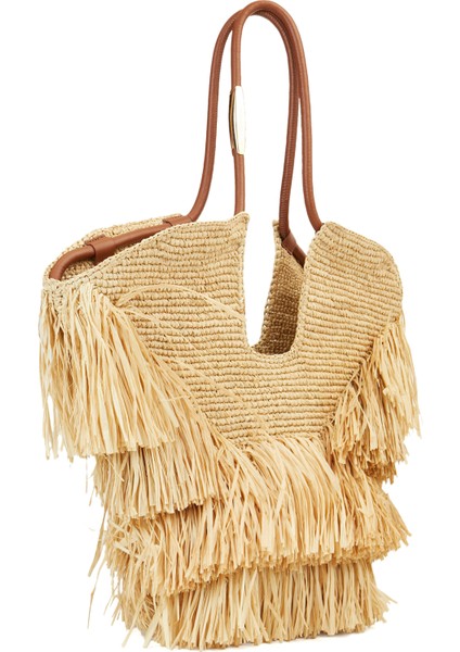 Püskül Detaylı Kadın Rafya Plaj Çantası modelleri