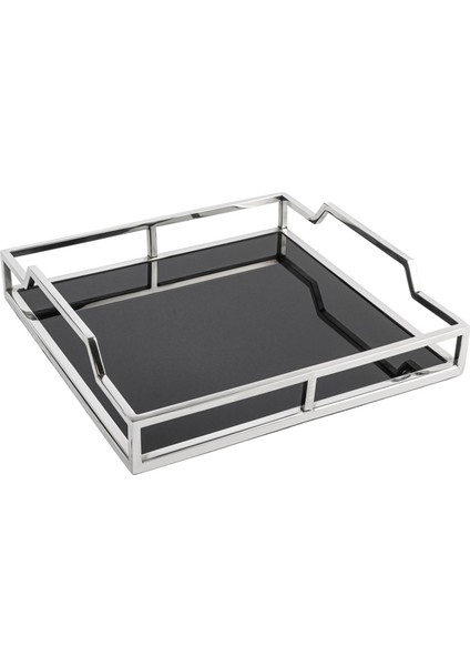 Gümüş Metal Siyah Aynalı Servis Tepsisi 30 cm