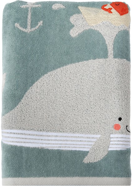 Aqua Balina Desenli Işlemeli %100 Organik Pamuklu Velur Çocuk Havlu 70 x 140 cm