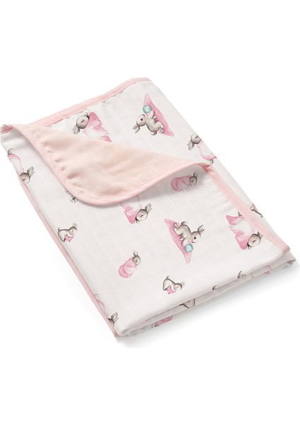 %100 Pamuk Bebe Lapin Rose Pembe Çift Kat Müslin Bebek Battaniyesi 65 x 65 cm