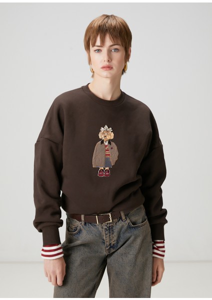 Kahverengi Köpek Nakışlı Sweatshirt