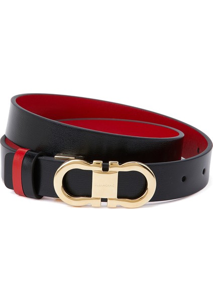 Siyah Kırmızı Çift Taraflı Logolu Kadın Deri Kemer