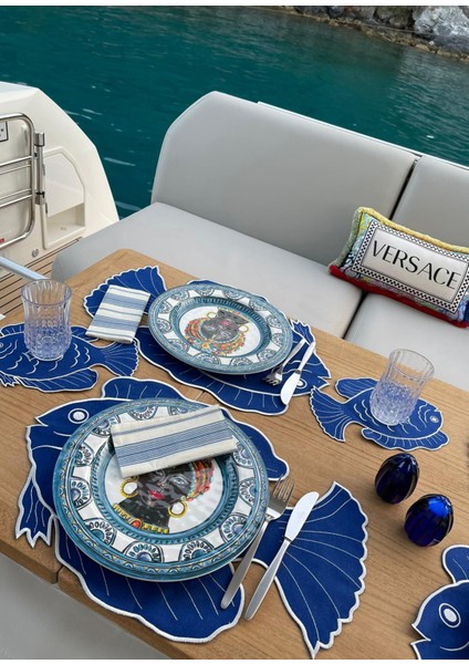 Balık Desenli 2’li Keten Mavi Amerikan Servis 35X50 cm modelleri