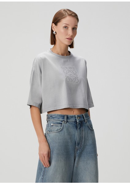 Gri Logolu Crop T-Shirt