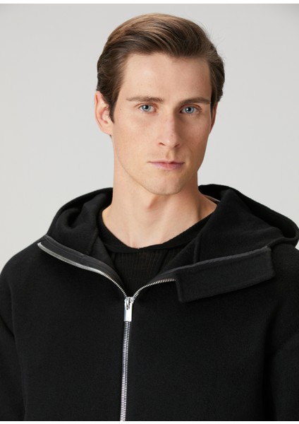 Siyah Kapüşonlu Yün Mont indirimleri