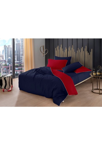 Lacivert Kırmızı Pamuk Saten Çift Kişilik Nevresim Takımı 200X220 cm fiyatları