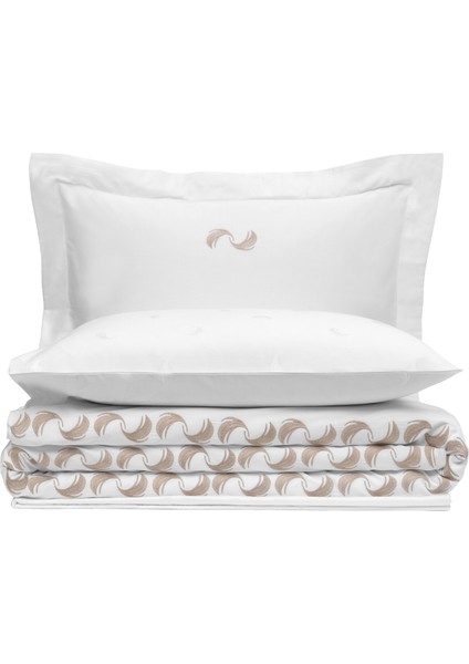 Andlös Bej Kuş Tüyü Jakarlı ve Nakışlı Organik Pamuk Çift Kişilik Nevresim Takımı 200 x 220 cm