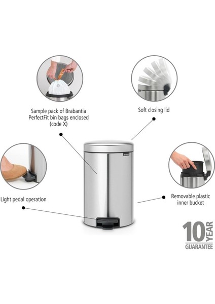 Newicon Fpp Matt Çelik Pedallı Mutfak Çöp Kovası 12 Lt