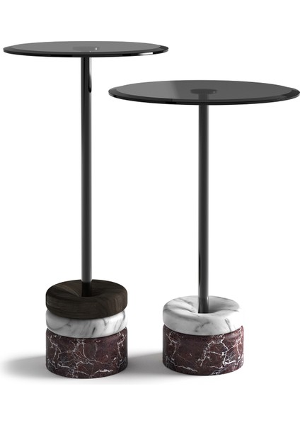 Polo Cam Tablalı Vişne Leylak Mermer Ayaklı 2'li Yan Sehpa Seti