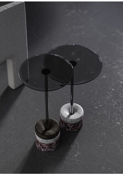 Polo Cam Tablalı Vişne Leylak Mermer Ayaklı 2'li Yan Sehpa Seti modelleri