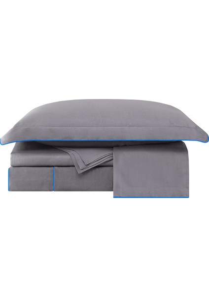 Mavi Biyeli Antrasit Gri Pamuk Saten Çift Kişilik Nevresim Takımı