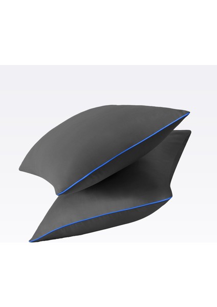 Mavi Biyeli Antrasit Gri Pamuk Saten Çift Kişilik Nevresim Takımı