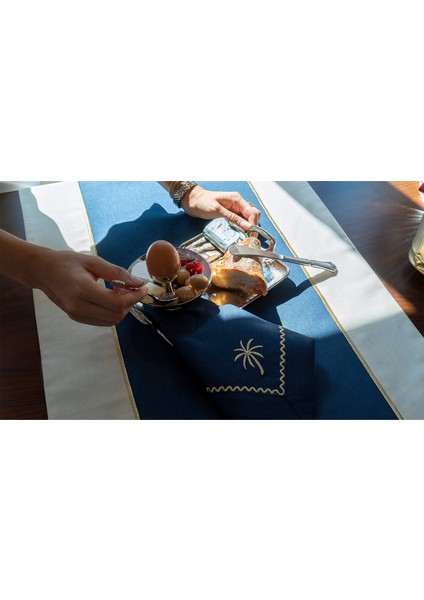 Midnight Shine Koyu Lacivert & Bej Kumaş Üzerine Altın Renk Işlemeli Runner 150X50 cm fiyatları