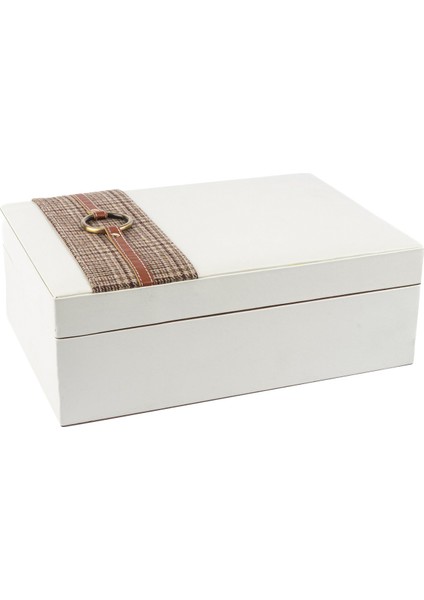 Beyaz Ekose Deri Takı Kutusu 30X11 cm