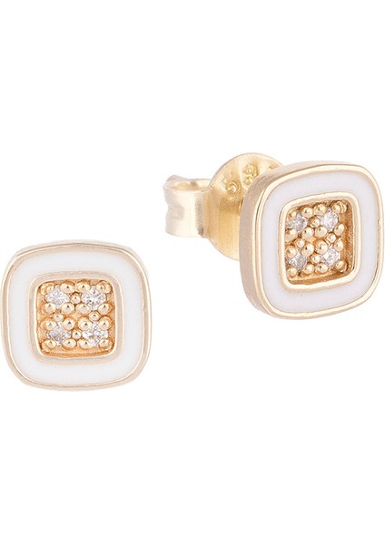 Mineli ve Pırlanta Taşlı Kare 14 Ayar Altın Kadın Küpe