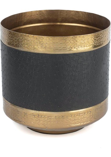 Altın Rengi Siyah Deri Kaplı Metal Saksı 25X25 cm