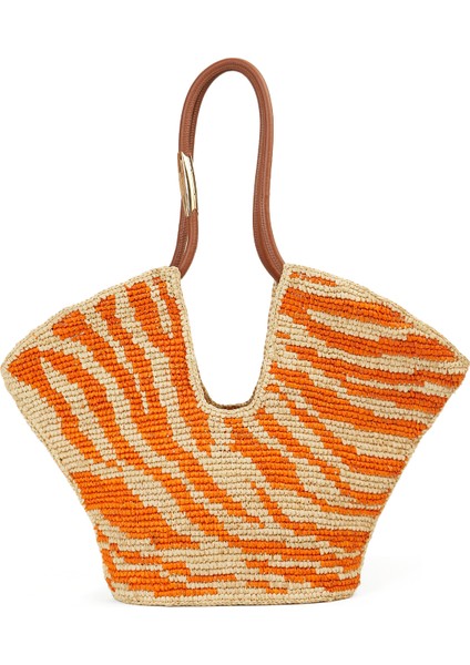 Bej Turuncu Desenli Kadın Rafya Plaj Çantası