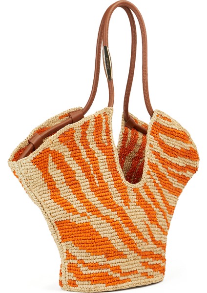 Bej Turuncu Desenli Kadın Rafya Plaj Çantası modelleri