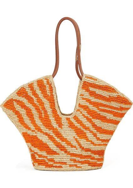 Bej Turuncu Desenli Kadın Rafya Plaj Çantası fırsatları