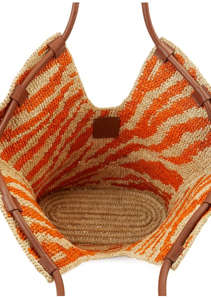 Bej Turuncu Desenli Kadın Rafya Plaj Çantası indirimleri