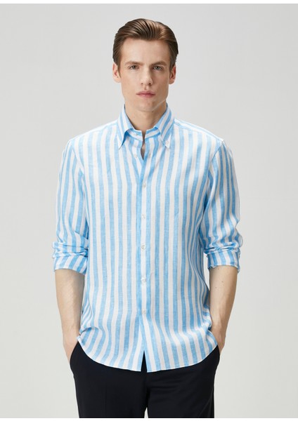 Eros Mavi Beyaz Çizgili Keten Gömlek