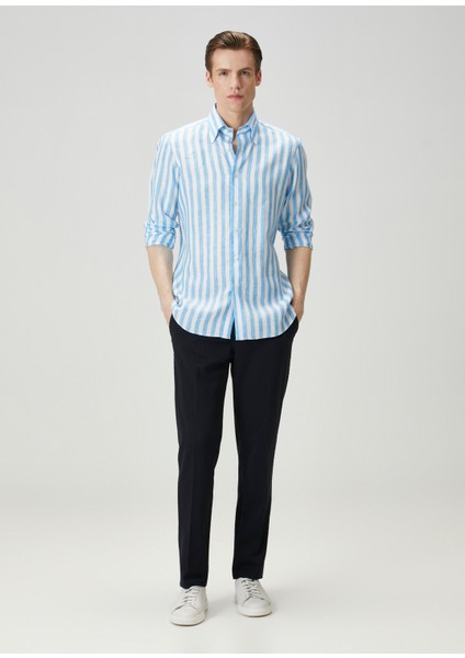 Eros Mavi Beyaz Çizgili Keten Gömlek fiyatları