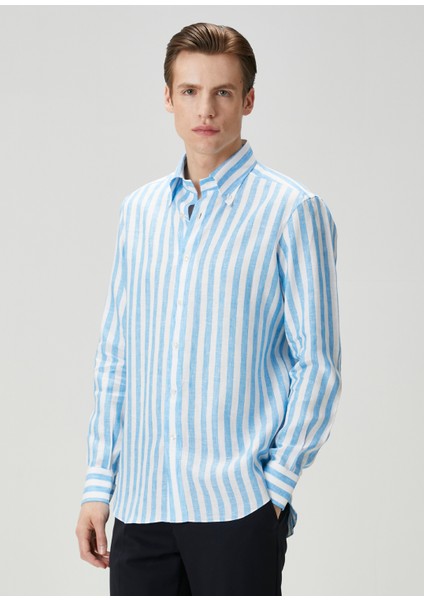 Eros Mavi Beyaz Çizgili Keten Gömlek modelleri