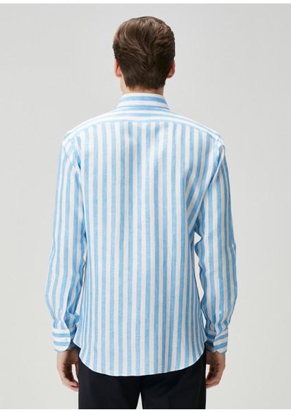 Eros Mavi Beyaz Çizgili Keten Gömlek fırsatları