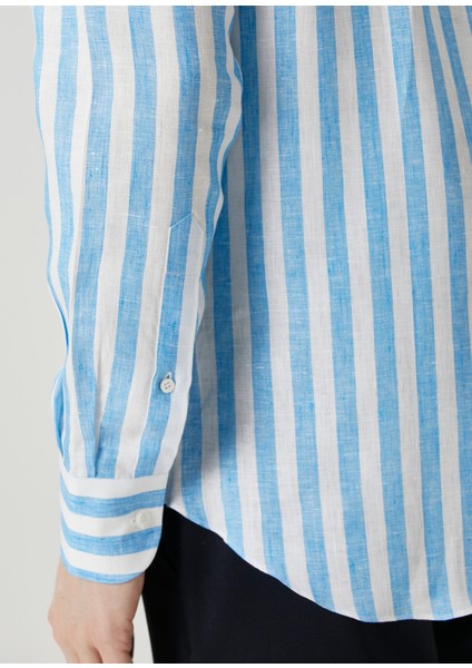 Eros Mavi Beyaz Çizgili Keten Gömlek