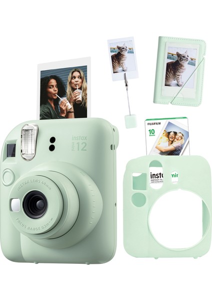 Instax Mini 12 Yeşil Fotoğraf Makinesi + 10'lu Film Kıskaçlı Stand Mini Albüm ve Silikon Kılıf Seti