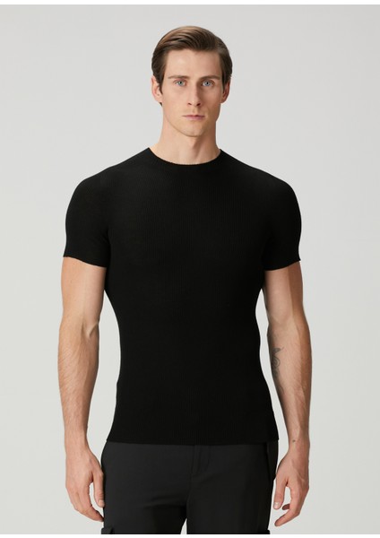 Siyah Kısa Kollu Ribli Yün Triko