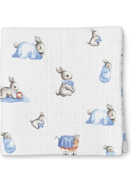 %100 Pamuk Bebe Lapin Müslin Mavi Bebek Örtüsü 70X70 cm