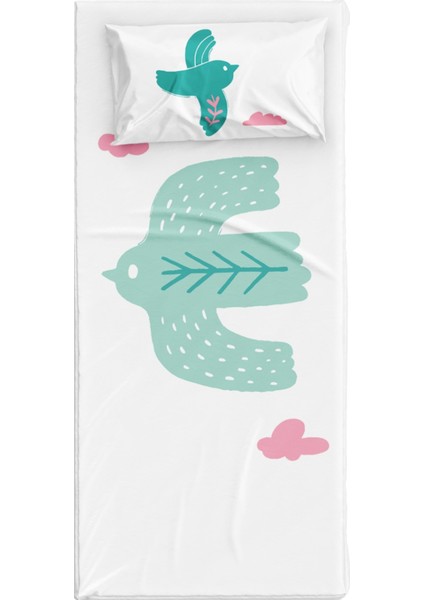 Bird Of Life Beyaz Yeşil Pamuk Saten Unisex Çocuk Çarşaf Seti 90 x 190 cm