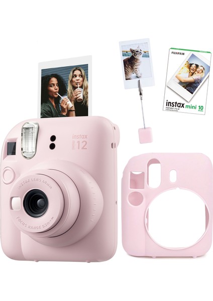 Instax Mini 12 Pembe Fotoğraf Makinesi + 10'lu Film Kıskaçlı Resim Standı ve Silikon Kılıf Seti