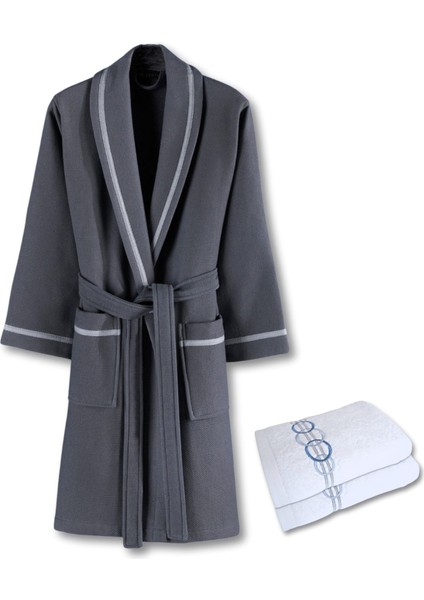 Livenza Antrasit Pamuklu Pike Unisex Bornoz Havlu Seti
