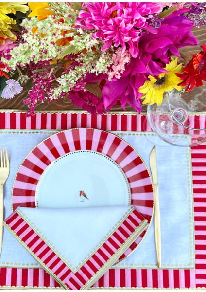 Dekoratif Candy Serisi Keten Pembe Kırmızı Damalı Servis Peçetesi 40X40 cm modelleri