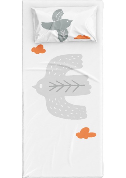 Bird Of Life Beyaz Gri Pamuk Saten Unisex Çocuk Çarşaf Seti 90 x 190 cm