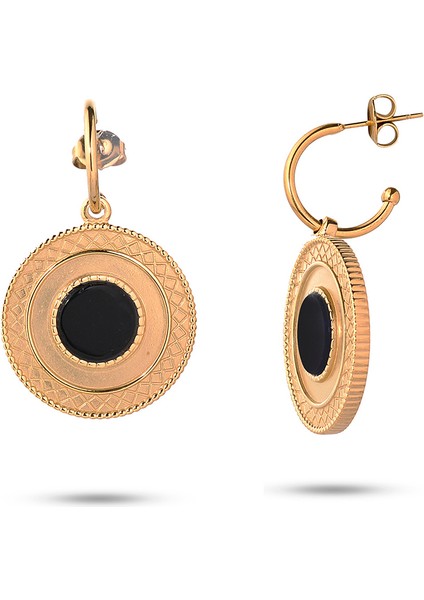 Tiana Siyah Doğal Taşlı 14 Ayar Altın Kaplama Çelik Kadın Küpe