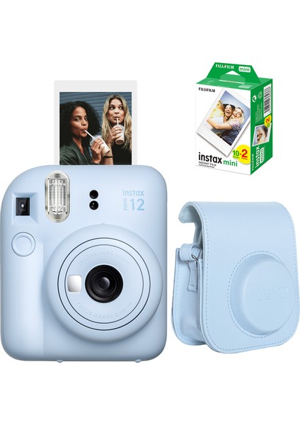Instax Mini 12 Mavi Fotoğraf Makinesi + 20'li Film ve Deri Çanta Hediye Seti