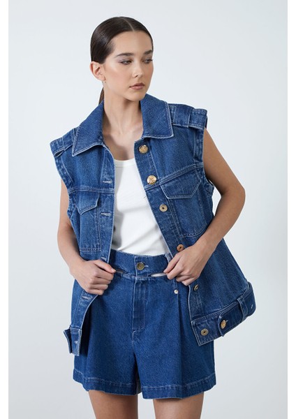 Cep ve Düğme Detaylı Lacivert Denim Ceket modelleri