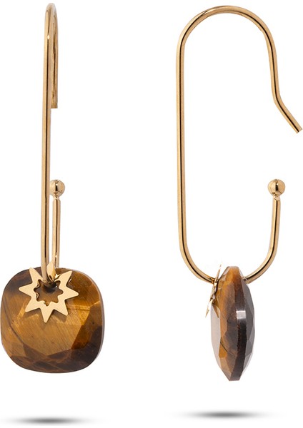 Hoshi Gold Koyu Kahve Doğal Taşlı Altın Kaplama Çelik Kadın Küpe