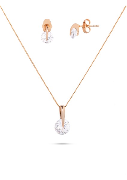 Laura Zirkon Taşlı Rose Gold Kaplama Kadın Bijuteri Set