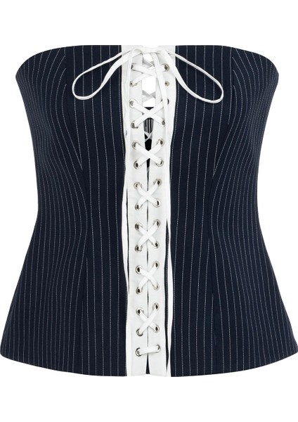 Elizabeth Deep Sea Blue White Çizgili Kadın Korse Bluz
