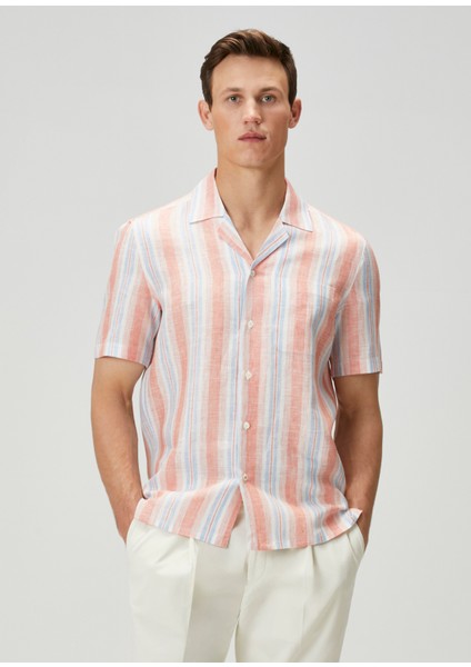 Somon Çizgi Desenli Keten Gömlek