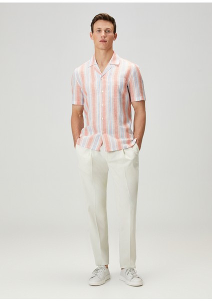 Somon Çizgi Desenli Keten Gömlek fiyatları