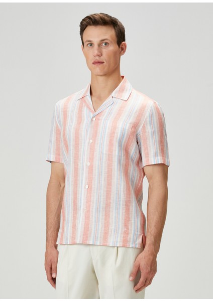 Somon Çizgi Desenli Keten Gömlek modelleri